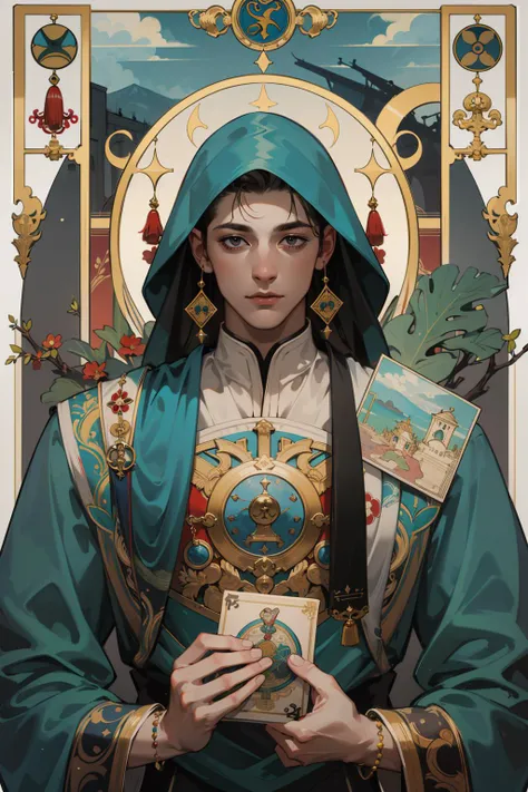 (absurdres, highres, ultra detailed), 1 male, adult, tall muscular, handsome, finely detailed eyes, intricate details, the fool \tarot\, bard, clown, Symbolism, Visual art, Occult, Universal, Vision casting, Philosophical, Iconography, Numerology, Popularity, Artistic, Alfons Mucha
