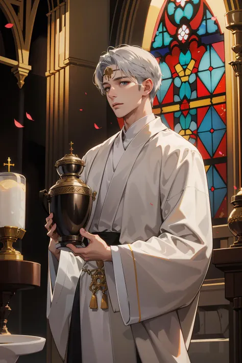 (absurdres, highres, ultra detailed), 1 male, mature, manly, tall muscular, handsome, finely detailed eyes, intricate details, (style-swirlmagic:1.0), looking at viewer, solo, half shot, detailed background, detailed face, holy priest, robes, circlet, praying, symmetrical composition, temple, religious icons, stained glass, sacred texts, swirling lights emanating, urn, chalice, basin ofholy water, petals, ethereal atmosphere, medieval high fantasy style, silver, reflections, updraft,