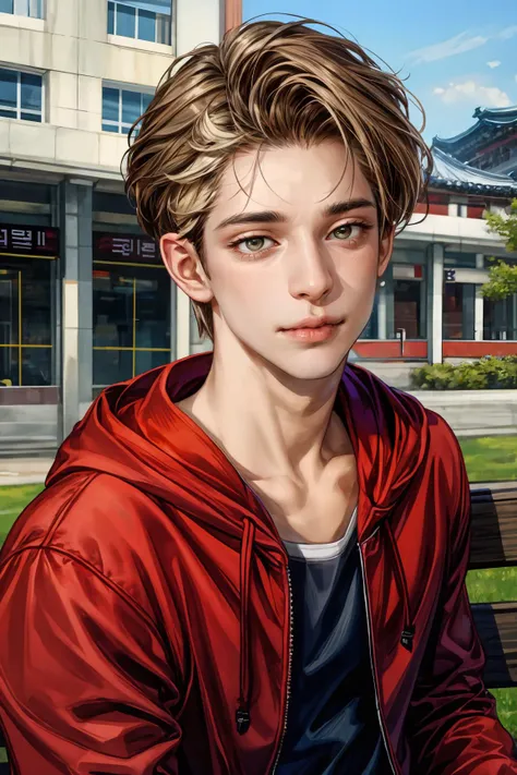 (masterpiece, ultra high res, 16k uhd, high quality), low key, commute, ad, tv, standing, looking at viewer, Hoodie, masterpiece, in the restaurant, sitting, (brown hair), black eyes, turn to the back, smile, Seoul, (small head), Precise human body structure, Precise hand structure, (duck egg face), Light-colored clothing, red coat, yellow top, Unity 16K Wallpapers, Concept Art, A person, 8K eyes, Grassland, Dress, Park, Bench, Pigeons, (((mature male))), ((big eyes:1.3)), (short hair), ((1 American mixed-race man)), Sweatpants, (Realistic face:1.8), Wide Shoulders, Single, (whole body:1.6), android 18,
<lora:add_detail:1.2>,