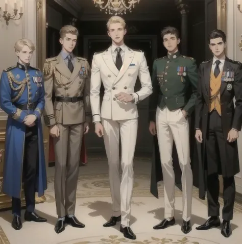 ((Best quality)), ((masterpiece)), (detailed), ((perfect face)), ((full body)) 3 young men british army cadets, short blond hair perfect proportions ,