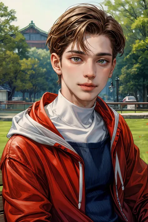 (masterpiece, ultra high res, 16k uhd, high quality), low key, commute, ad, tv, standing, looking at viewer, Hoodie, masterpiece, in the restaurant, sitting, (brown hair), black eyes, turn to the back, smile, Seoul, (small head), Precise human body structure, Precise hand structure, (duck egg face), Light-colored clothing, red coat, yellow top, Unity 16K Wallpapers, Concept Art, A person, 8K eyes, Grassland, Dress, Park, Bench, Pigeons, (((mature male))), ((big eyes:1.3)), (short hair), ((1 American mixed-race man)), Sweatpants, (Realistic face:1.8), Wide Shoulders, Single, (whole body:1.6), android 18,
<lora:add_detail:1.2>,