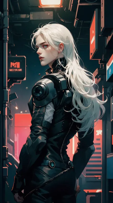 masterpiece, (1man), (half body), tall young man, ((tangled white long hair)), male focus, cyberpunk, cyborg, from_behind,looking_at_viewer, looking_back, fortified suit, black plugsuit, solo, standing, symmetrical eyes, red eyes, eyeshadows, detailed face and eyes, dynamic lighting, cinematic lighting, volume lighting, ultra high resolution, cyberpunk, night cyberpunk city with neon lighting, bubble, gears, matter,wires, <lyco:GPTS4 dreamwave full_478773:0.8>