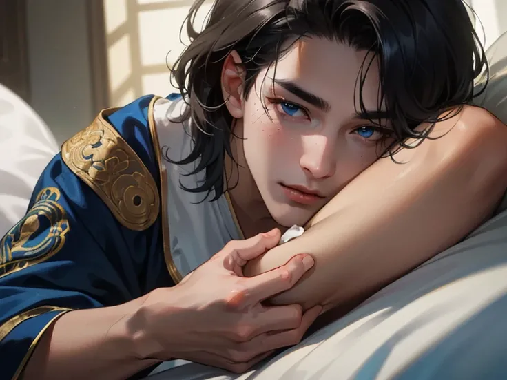 prince,20 years young has a tan brown skin, deep ((blue eyes)) ,sexy short black hair, he is athletic male with fit body deepblue eyes down, abs, open intricate embroidered royal robe,, (ultra high res,photorealistic,realistic,best quality,photo-realistic), (8k, raw photo, best quality, masterpiece), (nsfw), (photon mapping, radiosity, physically-based rendering,automatic white balance), technological sense, best quality, masterpiece, illustration,CG ,unity ,wallpaper, official art, Amazing, finely detail, an extremely delicate and beautiful,extremely detailed, highly detailed, sharp focus,rich background,blurry background, (real person,photograph), (((high detailed skin,visible pores))),