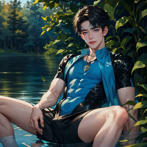 Absurdres, intricate details, masterpiece, best quality, ultra high res, 8k, close-up of face,
1boy, black and white bodysuit, bikesuit, bare legs, white socks, tight shorts,
spread legs,
muscular, abs, big pectoralis, white shiny skin, bare pectorals, large areolae,
detailed face, light smile, big blue eyes, eye reflection, short black hair, shiny blue necklace,
outdoors, forest, flower, bird, butterfly,
<lora:cute boys3:0.72> <lora:handsomeMan_v10:0.4>
<lora:epi_noiseoffset2:0.6>