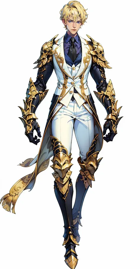 EXOSSTYLE,1boy, male focus, armor, solo, necktie, white background, blue eyes, blonde hair, simple background, standing, gauntlets, formal, full body, greaves, suit, masterpiece, best quality, 4k, insane details, intricate details, ultra detailed,best quality, masterpiece, <lora:EXOS HEROES:0.6> ,<lora:add_detail:0.4> , <lora:OC illustration:0.2>, <lora:halation-noiseoffset-locon-32:-0.2>