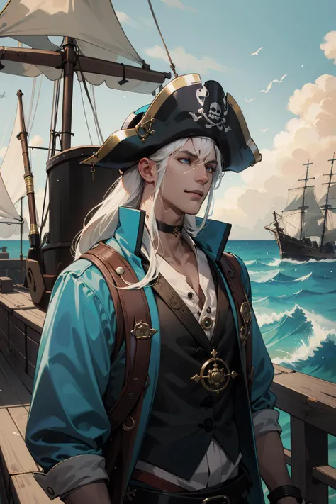 (absurdres, highres, ultra detailed), 1 male, mature, manly, tall muscular, handsome, finely detailed eyes, intricate details, (dark:0.8) skin, (battlescars:0.7), looking up, solo, upper body, detailed background, sinister smile, outlaw, elaborate pirate captain outfit, tattoos, pirate fantasy theme, high seas, wooden deck of a ship, kraken, cannons, gunpowder, muskets, floating debris, pirate battle, raining, tropical beach, pirate hideout, pier, docks, shacks, camp, calm, pirate ship on shore, loot, compass, rum, treasure, cannonballs,