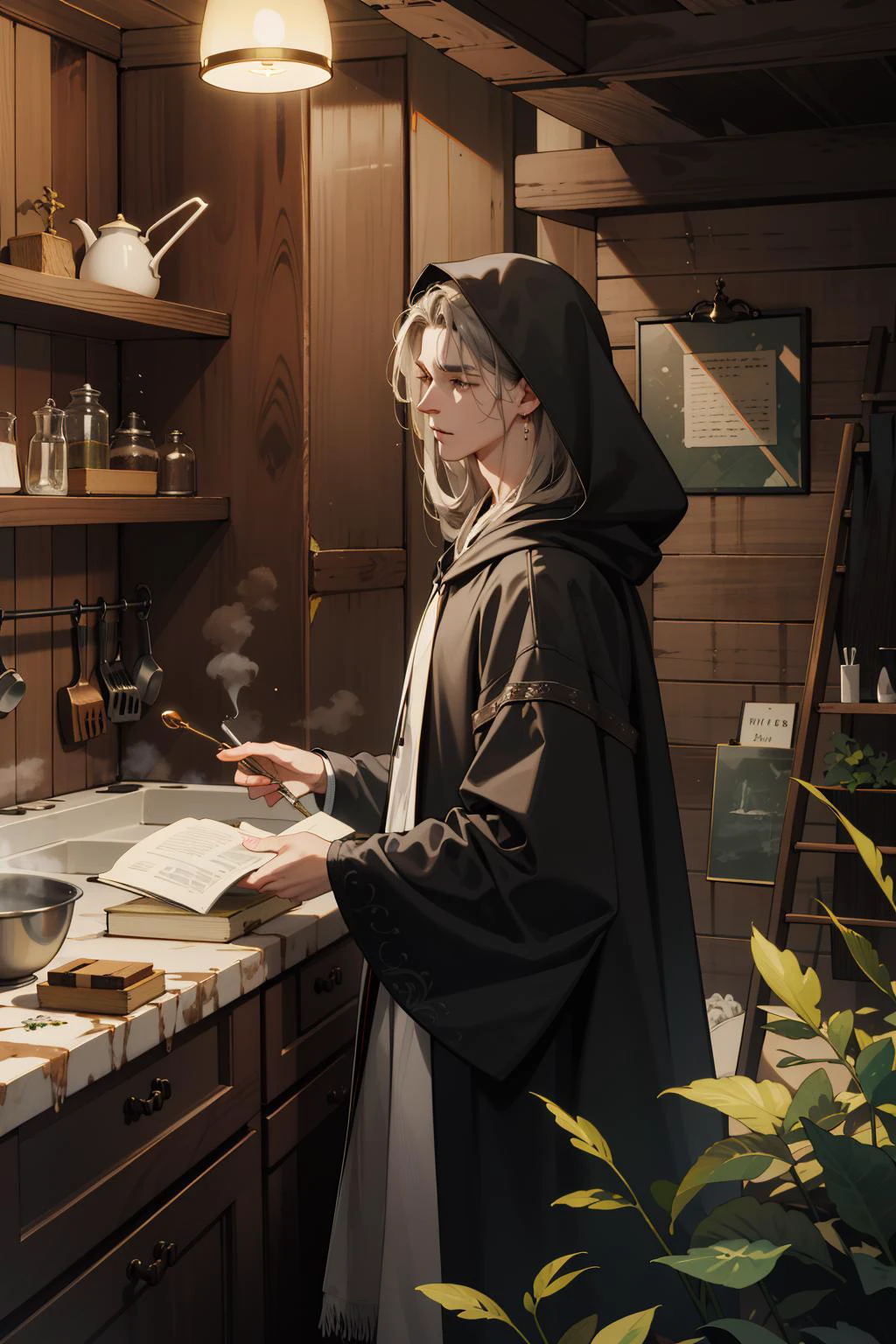 (absurdres, highres, ultra detailed), 1 male, mature, manly, tall muscular, handsome, finely detailed eyes, intricate details,   looking up, solo, half shot, detailed background, detailed face, (renaissance theme:1.1),  charlatan, wearing (color:0.7) hooded robe, , rustic hut in the forest, indoors, cluttered dirty kitchen, old tattered book, kitchen mortar,  steaming iron cauldron,  poison, incense, small boxes on shelves,   herbs, moss,  dried plants, mushrooms,  vials, potions, beads,  casting spell, (black:0.7) magic fumes, floating particles,  dark sinister atmosphere, dim lighting