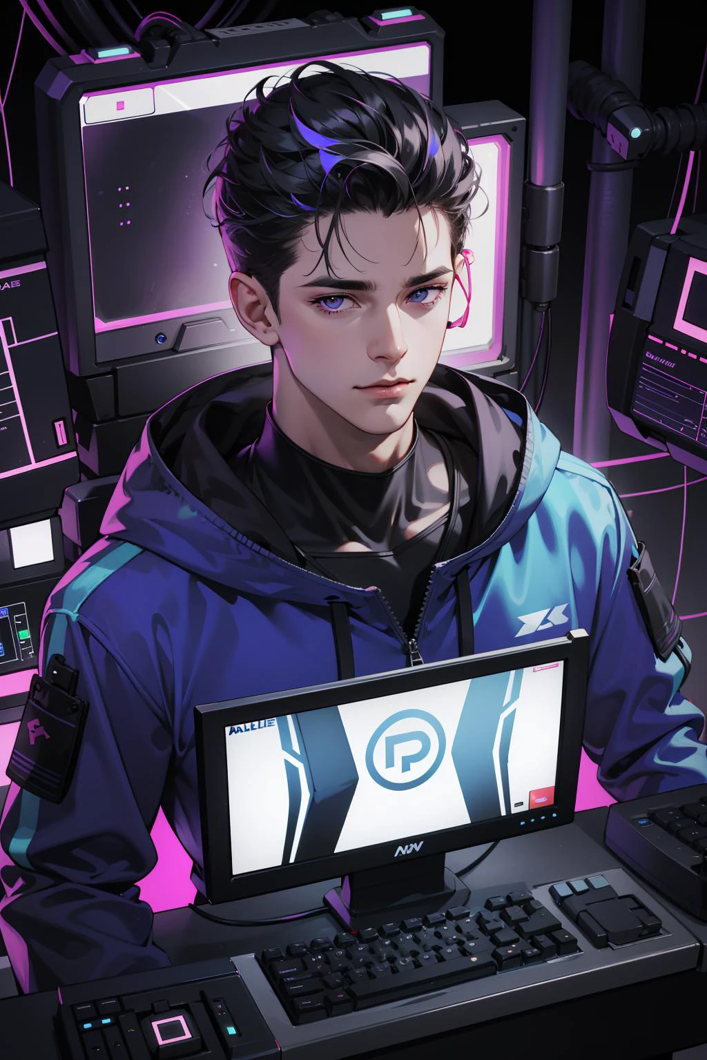(absurdres, highres, ultra detailed), 1 male, mature, manly, tall muscular, handsome, finely detailed eyes, intricate details, portrait, looking at viewer, solo, half shot, detailed background, detailed face, (1980s synthwave theme:1.1) high-tech futuristic hacker, smirk, advanced technology, hoodie, techwear, wearable device, keycard, cables, (holographic display:1.05), computer, password, control panel in background, blue lights, dark sinister atmosphere, shadows,