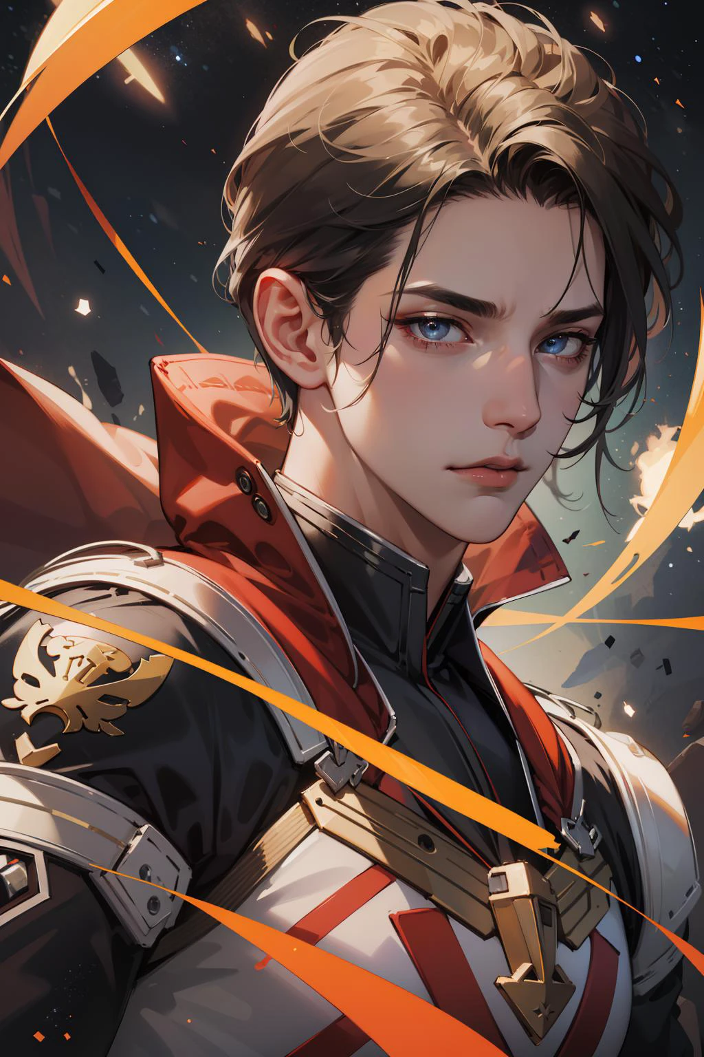 (absurdres, highres, ultra detailed), 1 male, mature, manly, tall muscular, handsome, finely detailed eyes, intricate details, portrait, (bloody scars:0.7), looking at viewer, solo, (full body:0.6), detailed background, close up, determined expression, dynamic pose, evil wonder woman outfit, outer space, stars, comets, spacecraft, floating particles, battle scene, majestic atmosphere,