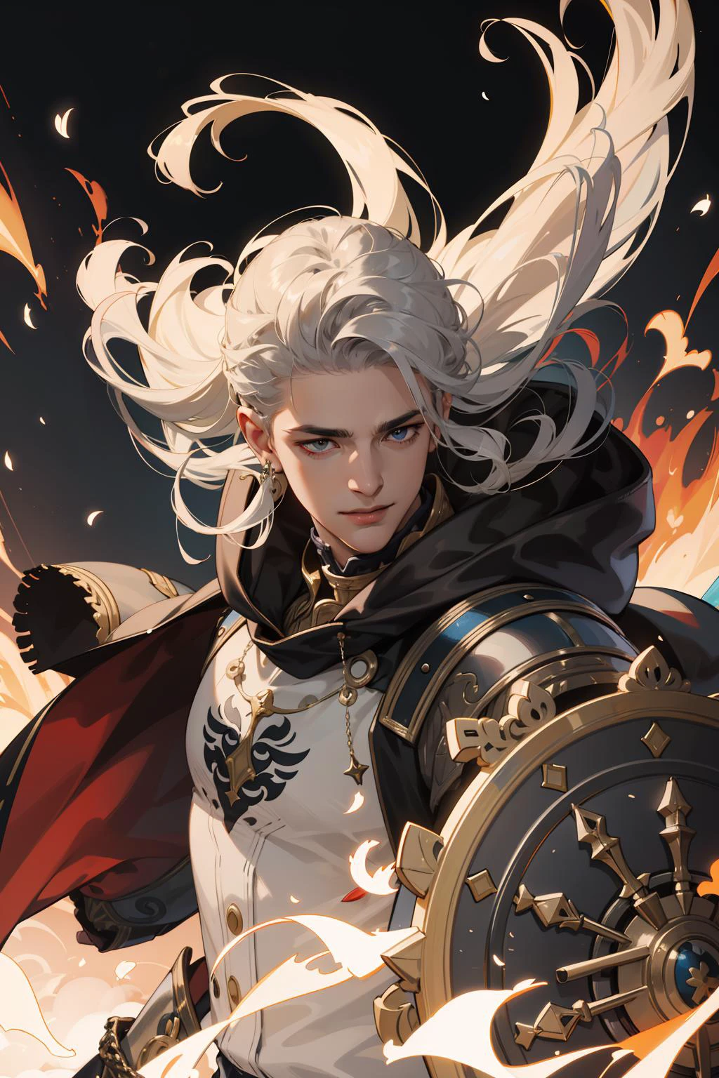 (absurdres, highres, ultra detailed), 1 male, mature, manly, tall muscular, handsome, finely detailed eyes, intricate details, portrait, (bloody scars:0.7), looking down, solo, half shot, detailed background, (victorian theme:1.1), determined smile, battle cleric, hovering in air, bright clouds, floating scraps, fighting stance, color chain mail, divine smite, bright realistic lighting, burning village, hood, coat of arms, hair blowing in wind,