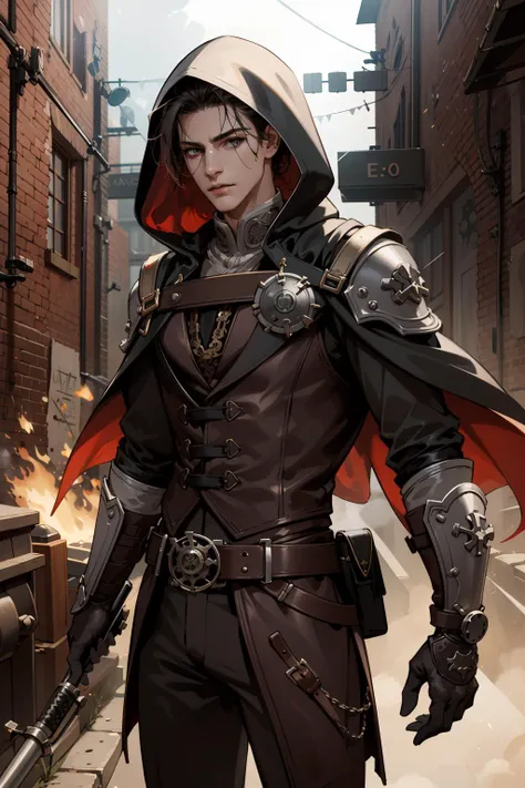 (absurdres, highres, ultra detailed), 1 male, mature, manly, tall muscular, handsome, finely detailed eyes, intricate details, portrait, looking at viewer, solo, (full body:0.6), detailed background, assassins creed, master assassin, black rugged leather assassin clothes, hood, capelet, leather pouches, rebel, dynamic pose, fighting, steampunk setting, steampunk theme, steampunk style clothes, gears, tubes, steam, sparks, sewers in background, dirt, sunshine,