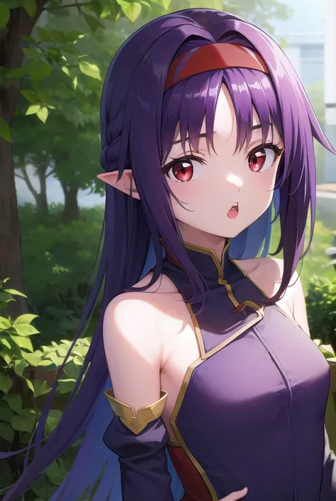 yuukikonno, <lyco:yuukikonno-lyco-nochekaiser:1>,
yuuki konno, hairband, long hair, pointy ears, purple hair, (red eyes:1.5), (small breasts:1.2), <lora:talkmouth_U_v100:1>, open mouth,
BREAK black thighhighs, detached sleeves, thighhighs, dress, purple dress, armor, purple armor,
BREAK looking at viewer, upper body, full body,
BREAK outdoors, forest, nature,
BREAK <lyco:GoodHands-beta2:1>, (masterpiece:1.2), best quality, high resolution, unity 8k wallpaper, (illustration:0.8), (beautiful detailed eyes:1.6), extremely detailed face, perfect lighting, extremely detailed CG, (perfect hands, perfect anatomy),