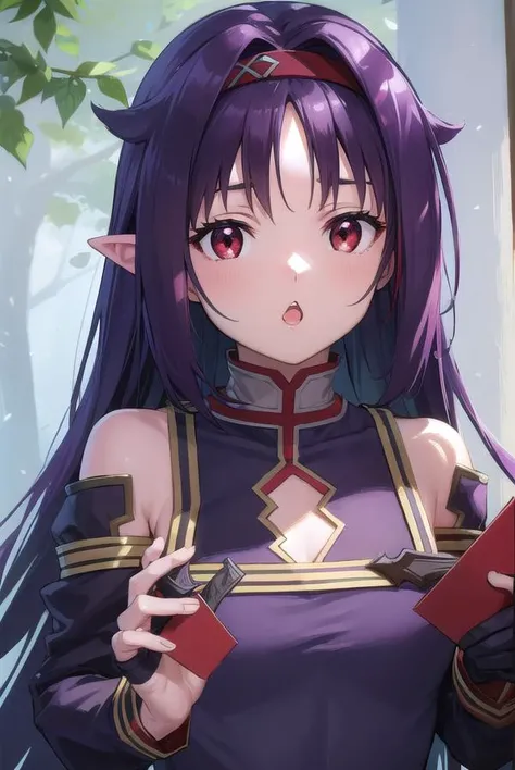 yuukikonno, <lyco:yuukikonno-lyco-nochekaiser:1>,
yuuki konno, hairband, long hair, pointy ears, purple hair, (red eyes:1.5), (small breasts:1.2), <lora:talkmouth_U_v100:1>, open mouth,
BREAK black thighhighs, detached sleeves, thighhighs, dress, purple dress, armor, purple armor,
BREAK looking at viewer, upper body, full body,
BREAK outdoors, forest, nature,
BREAK <lyco:GoodHands-beta2:1>, (masterpiece:1.2), best quality, high resolution, unity 8k wallpaper, (illustration:0.8), (beautiful detailed eyes:1.6), extremely detailed face, perfect lighting, extremely detailed CG, (perfect hands, perfect anatomy),