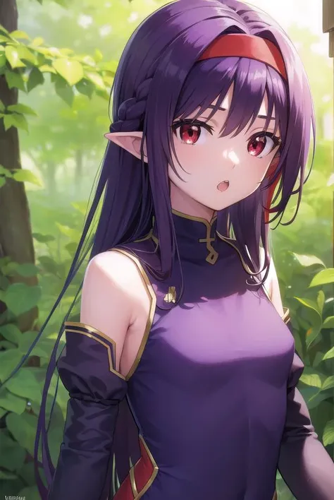 yuukikonno, <lyco:yuukikonno-lyco-nochekaiser:1>,
yuuki konno, hairband, long hair, pointy ears, purple hair, (red eyes:1.5), (small breasts:1.2), <lora:talkmouth_U_v100:1>, open mouth,
BREAK black thighhighs, detached sleeves, thighhighs, dress, purple dress, armor, purple armor,
BREAK looking at viewer, upper body, full body,
BREAK outdoors, forest, nature,
BREAK <lyco:GoodHands-beta2:1>, (masterpiece:1.2), best quality, high resolution, unity 8k wallpaper, (illustration:0.8), (beautiful detailed eyes:1.6), extremely detailed face, perfect lighting, extremely detailed CG, (perfect hands, perfect anatomy),