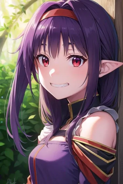 yuukikonno, <lyco:yuukikonno-lyco-nochekaiser:1>,
yuuki konno, hairband, long hair, pointy ears, purple hair, (red eyes:1.5), (small breasts:1.2), <lora:talkmouth_I_v100:1>, open mouth,
BREAK black thighhighs, detached sleeves, thighhighs, dress, purple dress, armor, purple armor,
BREAK looking at viewer, upper body, full body,
BREAK outdoors, forest, nature,
BREAK <lyco:GoodHands-beta2:1>, (masterpiece:1.2), best quality, high resolution, unity 8k wallpaper, (illustration:0.8), (beautiful detailed eyes:1.6), extremely detailed face, perfect lighting, extremely detailed CG, (perfect hands, perfect anatomy),