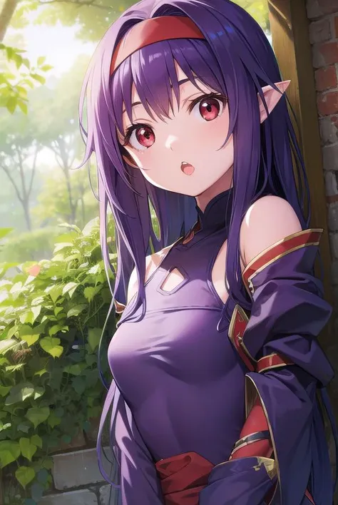 yuukikonno, <lyco:yuukikonno-lyco-nochekaiser:1>,
yuuki konno, hairband, long hair, pointy ears, purple hair, (red eyes:1.5), (small breasts:1.2), <lora:talkmouth_U_v100:1>, open mouth,
BREAK black thighhighs, detached sleeves, thighhighs, dress, purple dress, armor, purple armor,
BREAK looking at viewer, upper body, full body,
BREAK outdoors, forest, nature,
BREAK <lyco:GoodHands-beta2:1>, (masterpiece:1.2), best quality, high resolution, unity 8k wallpaper, (illustration:0.8), (beautiful detailed eyes:1.6), extremely detailed face, perfect lighting, extremely detailed CG, (perfect hands, perfect anatomy),