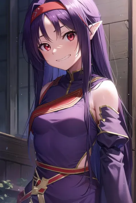 yuukikonno, <lyco:yuukikonno-lyco-nochekaiser:1>,
yuuki konno, hairband, long hair, pointy ears, purple hair, (red eyes:1.5), (small breasts:1.2), <lora:talkmouth_I_v100:1>, open mouth,
BREAK black thighhighs, detached sleeves, thighhighs, dress, purple dress, armor, purple armor,
BREAK looking at viewer, upper body, full body,
BREAK outdoors, forest, nature,
BREAK <lyco:GoodHands-beta2:1>, (masterpiece:1.2), best quality, high resolution, unity 8k wallpaper, (illustration:0.8), (beautiful detailed eyes:1.6), extremely detailed face, perfect lighting, extremely detailed CG, (perfect hands, perfect anatomy),