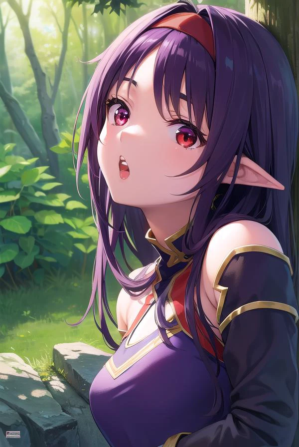 yuukikonno, <lyco:yuukikonno-lyco-nochekaiser:1>,
yuuki konno, hairband, long hair, pointy ears, purple hair, (red eyes:1.5), (small breasts:1.2), <lora:talkmouth_U_v100:1>, open mouth,
BREAK black thighhighs, detached sleeves, thighhighs, dress, purple dress, armor, purple armor,
BREAK looking at viewer, upper body, full body,
BREAK outdoors, forest, nature,
BREAK <lyco:GoodHands-beta2:1>, (masterpiece:1.2), best quality, high resolution, unity 8k wallpaper, (illustration:0.8), (beautiful detailed eyes:1.6), extremely detailed face, perfect lighting, extremely detailed CG, (perfect hands, perfect anatomy),
