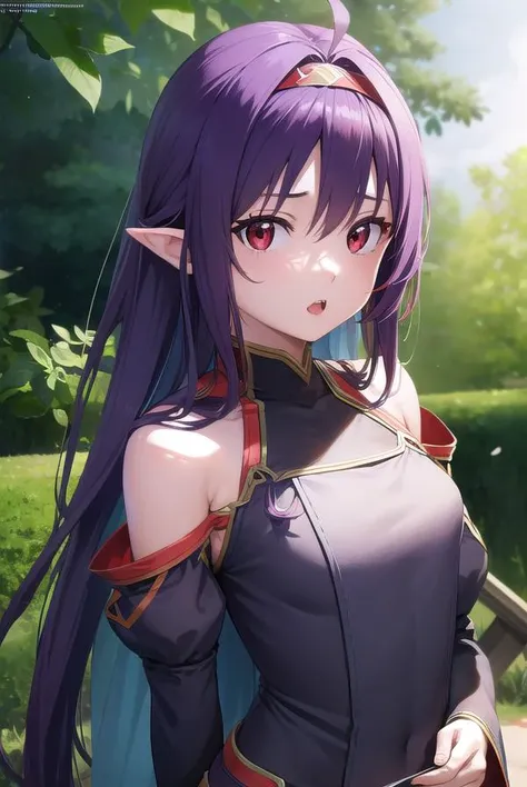 yuukikonno, <lyco:yuukikonno-lyco-nochekaiser:1>,
yuuki konno, hairband, long hair, pointy ears, purple hair, (red eyes:1.5), (small breasts:1.2), <lora:talkmouth_U_v100:1>, open mouth,
BREAK black thighhighs, detached sleeves, thighhighs, dress, purple dress, armor, purple armor,
BREAK looking at viewer, upper body, full body,
BREAK outdoors, forest, nature,
BREAK <lyco:GoodHands-beta2:1>, (masterpiece:1.2), best quality, high resolution, unity 8k wallpaper, (illustration:0.8), (beautiful detailed eyes:1.6), extremely detailed face, perfect lighting, extremely detailed CG, (perfect hands, perfect anatomy),