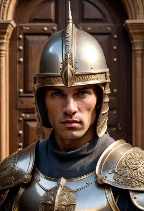 Realistic close up portrait photo of a strong slightly asian looking male european paladin, detailed and perfect face, standing guard in front of a huge wooden palace door, photorealism, flattering light, wearing an helmet without crest, ((((looking at watcher))))