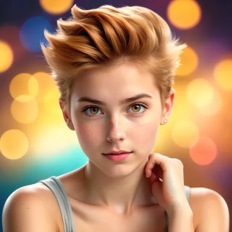 dslr photo, sharp, a girl, delicate skin texture, skin grain, buff skin, light brown eyes , dimensional strawberry blonde quiff hair, looking at camera, colorful, bokeh