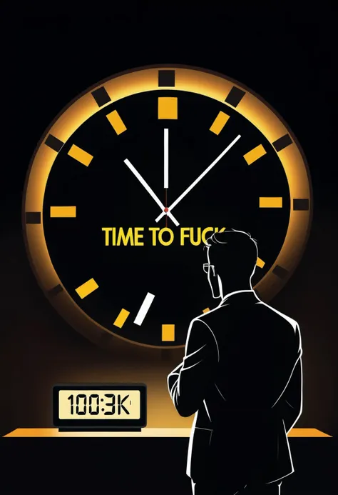 pitch black dark evening colours
man looking at the backlit clock
he's counting down the hours
text logo "time to fuck"