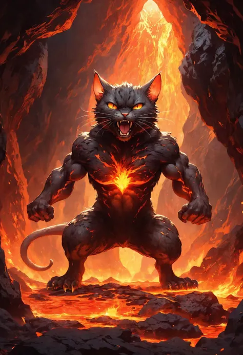 illustration style art, inside of a volcanic cavern, angry [cat body:(mouse face:1.15)] fire creature standing on a lava pit and flexing muscles, highly detailed, concept art, smooth, sharp focus, illustration, art by Carney Griffiths and Vadim Kashin