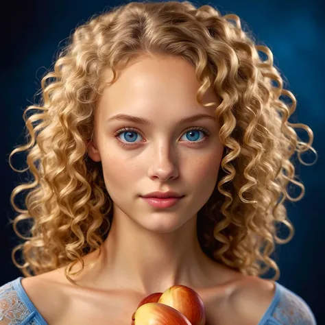 Hasselblad Award Winner, 50mm, studio quality, a delicate latvian woman, sweet and tender, natural skin texture, skin imperfections, dark azure eyes, dirty blonde long english curls, dark background