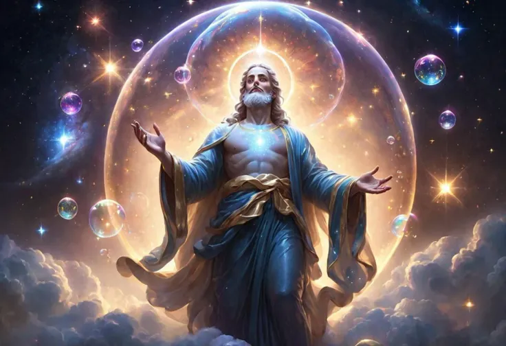 a transparent God made of stars, God creating bubbles, galaxies inside bubbles,  holy light