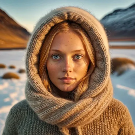 50mm, Full body shot of a perfect icelandic goddess wearing warm wool clothes , natural buff moisturized skin, dreamy eyes, beautiful intricate colored hair, symmetrical, wide eyes, soft lighting, detailed face, looking into camera, colourful, compassion, sublime