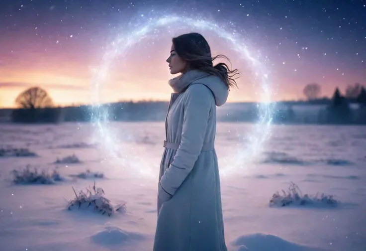 A close up fantastic image of a woman's outline containing the entire galaxy inside of her, as she stands in a field covered in snow, a soft aura surrounding her
