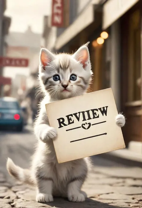 Create an analog raw photograph showcasing a delightful anthropomorphic kitten, exuding charm and lifelike qualities. This kitten, skillfully blending human-like attributes with its inherent feline allure, is shown (holding a sign that clearly reads "Review":1.25).
The focus is on capturing a scene that's both natural and captivating. The kitten's expression should be irresistibly adorable and rich in expression, perfectly reflecting its anthropomorphic nature. Pay close attention to the details of its fur, eyes, and overall posture, portraying a seamless blend of kitten-like innocence and a subtle hint of human-like awareness.
The ("Review" sign:1.25) held by the kitten should be designed in a way that aligns with its playful yet sincere character. For the lighting and background, aim for a soft, natural ambiance that accentuates the kitten's features and the tactile quality of the sign. The background should be understated yet appealing, ensuring the viewer's attention remains fixed on the kitten with its important message.
This photograph is intended not just to capture a whimsical moment but to resonate emotionally with the audience, weaving a narrative of charm and endearment through the unique and captivating depiction of the anthropomorphic kitten.