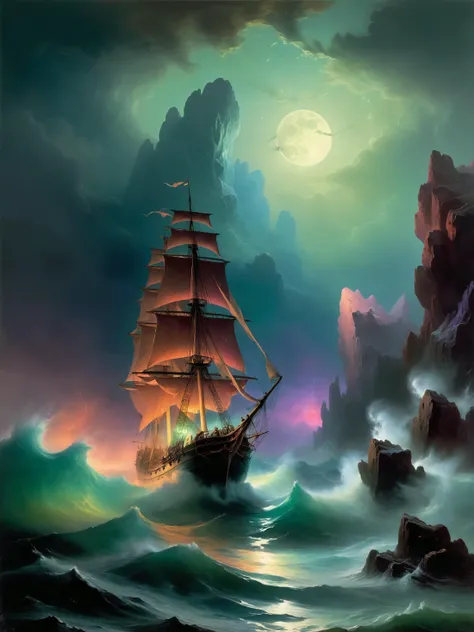a famous artwork by (ivan aivazovsky:1.2) showing a masterfully painted image of a scene (by h.p. lovecraft:1.2), an (eerie ghostly sailing ship:1.2) emenating (mysterious colorful eldritch energy:1.4) is sailing on a (stormy sea:1.2) through towering jagged rock formations, its imposing sails (glow in the dark with unnatural luminescence:1.4), the night sky is dominated by (colorful galactic nebulae:1.2) and a (large baleful moon:1.2)