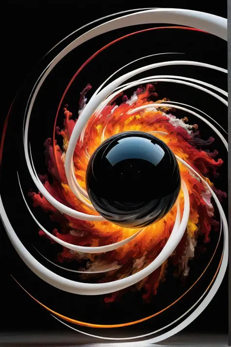 the scene unfolds in a vibrant and dynamic atmosphere, reminiscent of the image of a geometrically intricate design. at the heart of this swirling spectacle is an iridescent orb, pulsating with energy and casting a mesmerizing glow that permeates through the surrounding chaos. around the orb, a storm of activity unfolds. lines and shapes dart around, some converging towards the orb while others scatter away from it, creating an ever changing kaleidoscope of movement. the hues of orange, yellow, red, black, and white dominate the scene, adding to the fiery intensity of the moment. as the eye moves across the scene, one can feel the raw power of the forces at play. energy seems to surge in chaotic bursts, defying gravity and traditional spatial boundaries. despite the disorder, there's a sense of harmony, as if each movement contributes to the grand spectacle unfolding before our eyes. the entire scene is alive, almost as if it were a living organism with its own rhythm and purpose. it's a testament to the intricate balance between order and chaos, control and freedom an awe inspiring display of nature's unpredictable beauty.