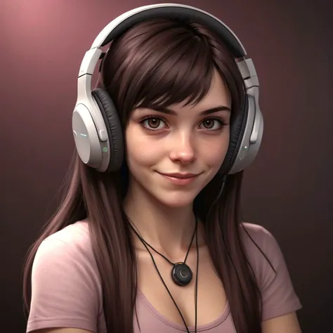 photorealistic , 50 mm, sharp, a 19 yrs welsh gamer girl looking at viewer, headphones with mic, dark misty rose eyes, neutral expresso brown fringe hair, jewelry, skin texture, skin grain, shy smirk, eclectic , background inside dark