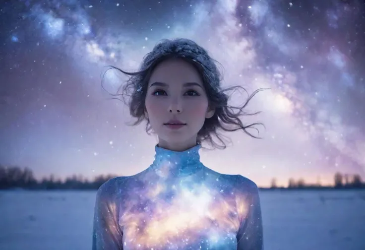 A close up fantastic image of a woman's outline containing the entire galaxy inside of her, as she stands in a field covered in snow, a soft aura surrounding her