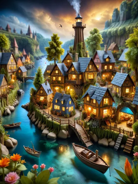 ral-orgmi, A whimsical scene of a ral-orgmi fairy village, with tiny habor, tiny fishing boats, a lighthouse, houses, ale house, boat yard bridges, and gardens all intricately detailed in ral-orgmi textures, smoke from chimneys <lora:ral-orgmi-sdxl:0.8>, dynamic, cinematic, masterpiece, intricate, hdr. <lora:EnvyBetterHiresFixXL01:0:hr=1>