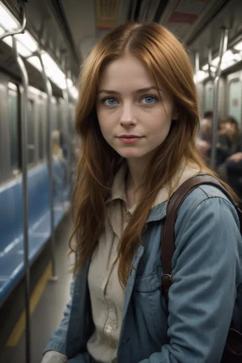 photography, Alice Ingram, riding the subway, long auburn hair, a softened wry smile-subdued excited bliss, soft lighting on face, realistic skin-clothing-hair textures, carpeted fog sky blue eyes, Beautiful Real Textures & Delicate Aesthetics, Remarkable Homage to Silent Hill Energy by Psykhosis., noise, JPEG artifacts, poor lighting, low light, underexposed, high contrast,