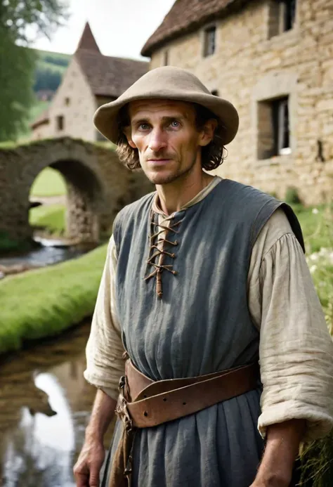 A realistic and detailed close shot portrait photo of a lanky and dumb looking peasant man in cheap mediveal linnen clothing. He is looking at the watcher while standing in front of an old curved stonebridge over a stream that is about 5 meters wide. Some mediveal farm buildings in the background.
((((looking at the watcher))))