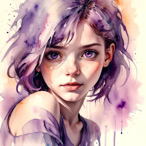 a cute bulgarian 18yrs girl , happy, iced pastel eyes, silk skin texture, skin grain, purple lob hair ,watercolor by agnes cecile,half body portrait,warm colors,(ink:1.3),winter lights,<lora:add_detail:0.9>