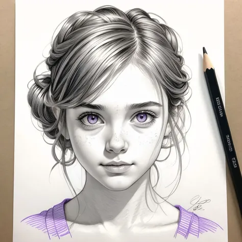2d, sharp, cute girl, delicate skin texture, skin grain, fair skin, sparkling lavender eyes, honey highlights prom hairstyle, sketch portrait, pencils, black and white,pencil H drawing on low grain white paper,uncolored pencil line draft, hand drawn art,scumbling, extralines,clear lines, hatching, shadow, canvas,