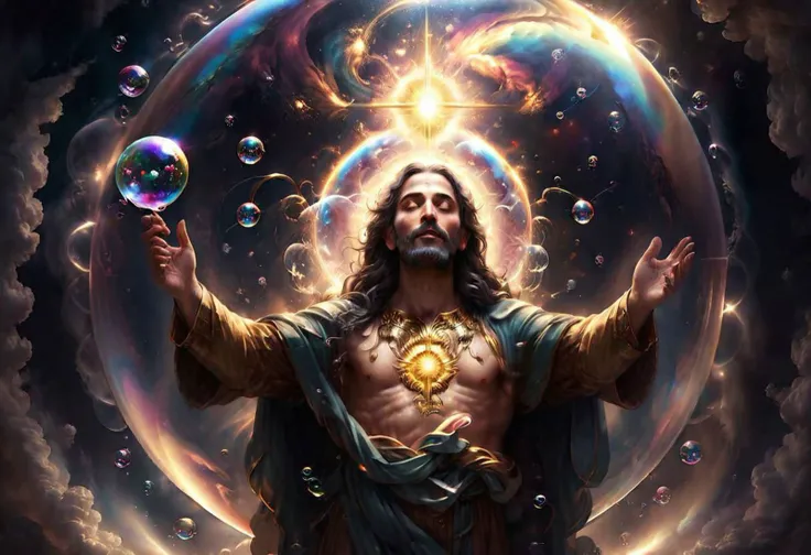 God blowing bubbles, galaxies inside bubbles, holy light, millions of bubbles, AngelicStyle