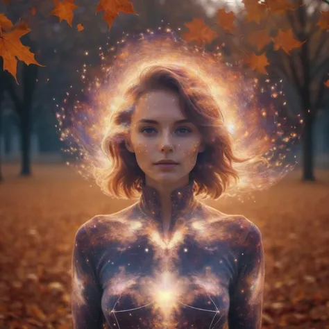 A close up fantastic image of a woman's outline containing the entire galaxy inside of her, as she stands in a field covered in autumn leaves, a soft aura surrounding her