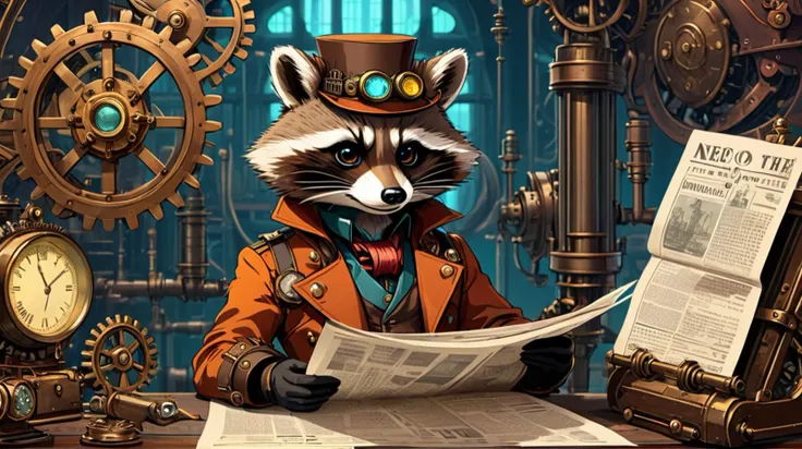 anime artwork Steampunk, a raccoon reading the paper , retrofuturistic science fantasy, steam-powered tech, vintage industry, gears, neo-victorian, steampunk, anime style, key visual, vibrant, studio anime,  highly detailed