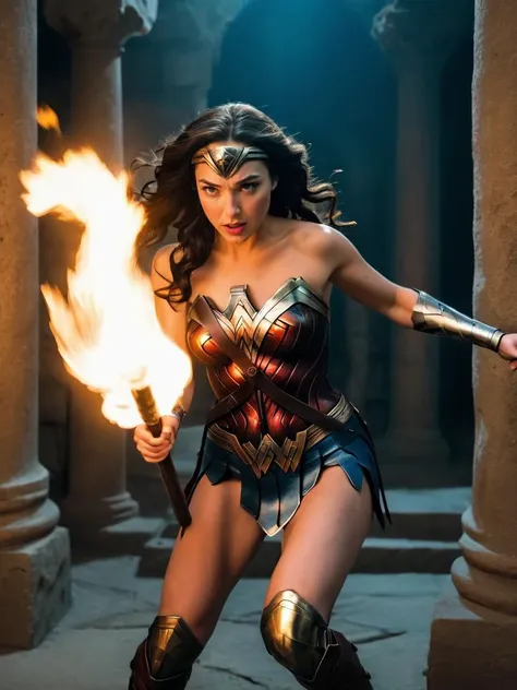 An action photo of Wonder Woman in an ancient tomb, torches