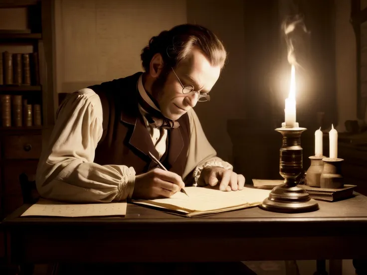 photo, 1800s,
a clerk like Bob Cratchit sits at his desk writing in a ledger by candlelight, using a quill, inkwell, sepia, sharp focus