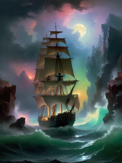a famous artwork by (ivan aivazovsky:1.2) showing a masterfully painted image of a scene (by h.p. lovecraft:1.2), an (eerie ghostly sailing ship:1.2) emenating (mysterious colorful eldritch energy:1.4) is sailing on a (stormy sea:1.2) through towering jagged rock formations, its imposing sails (glow in the dark with unnatural luminescence:1.4), the night sky is dominated by (colorful galactic nebulae:1.2) and a (large baleful moon:1.2)