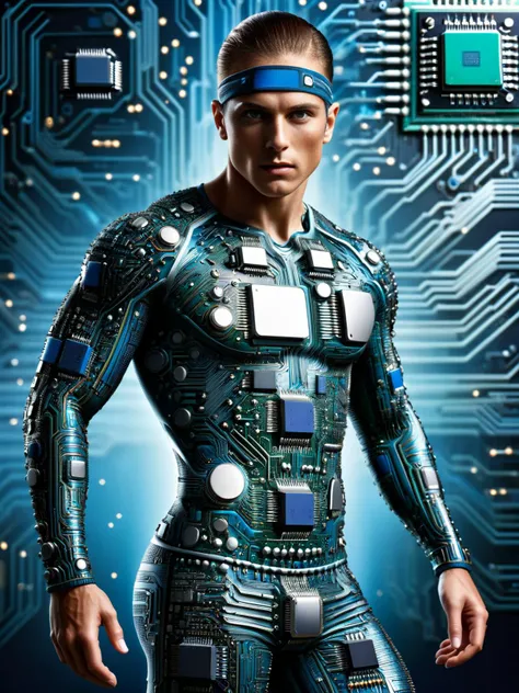 ral-semiconductor, An eye-catching image of an athlete in full sprint, their clothing and skin embellished with sleek ral-semiconductor lines, symbolizing the fusion of human and machine performance <lora:ral-semiconductor-sdxl:1>, dynamic, HDR, <lora:EnvyBetterHiresFixXL01:0:hr=1>
