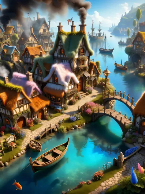 ral-fluff, A whimsical scene of a ral-fluff fairy village, with tiny habor, tiny fishing boats, a lighthouse, houses, ale house, boat yard bridges, and gardens all intricately detailed in ral-fluff textures, smoke from chimneys <lora:ral-fluff-sdxl:0.5>, dynamic, cinematic, masterpiece, intricate, hdr. <lora:EnvyBetterHiresFixXL01:0:hr=1>