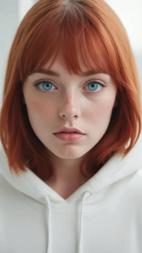 Photograph of a beautiful woman with a pouty face and puffy cheeks, lightly freckled face, light blue eyes, layered red hair with blunt bangs, wearing a white hoodie, in a white room, head-shot, gorgeous color grading, natural light, shot with an Olympus OM-1